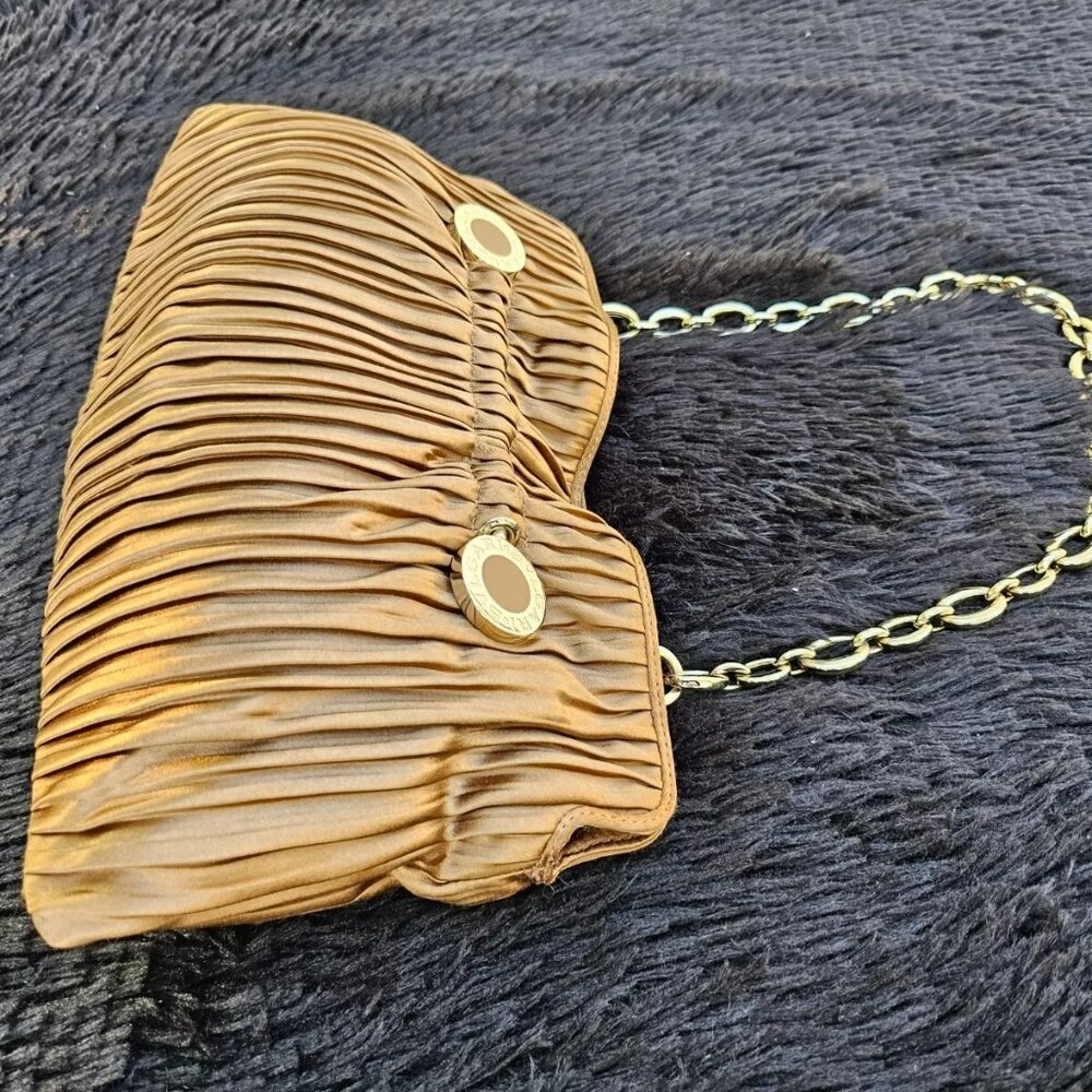 BVLGARI Handbag Metallic Brown Pleated Satin Clutch Gold Tone Hardware Purse - Picture 4 of 12